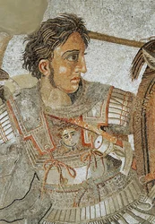 Alejandro Magno (356-323 a. C.) del «Mosaico de Alejandro», que representa la batalla de Issos entre Alejandro y Darío III (399-330 a. C.) en 333 a. C., mosaico de suelo retirado de la Casa del Fauno (Casa)